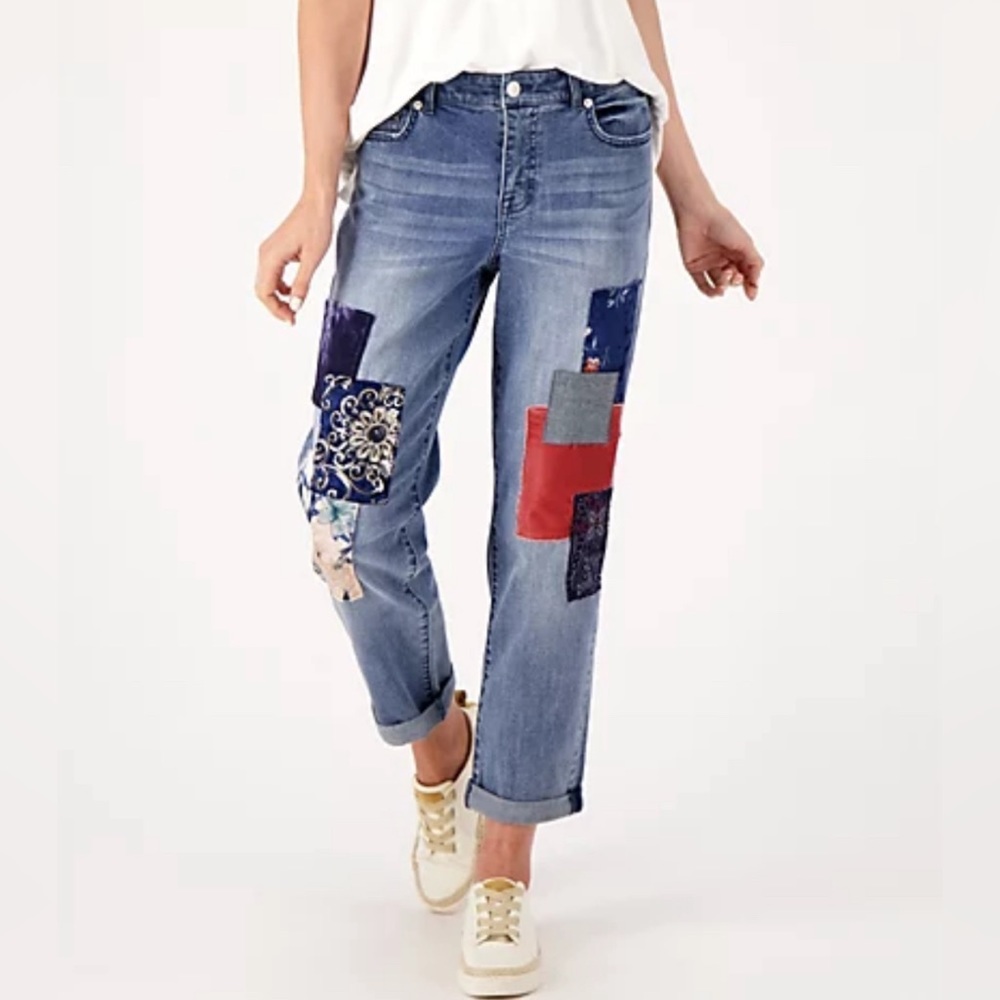 LOGO by Lori Goldstein Limited Edition Blue Boyfriend Patchwork Jeans Sz 14 P